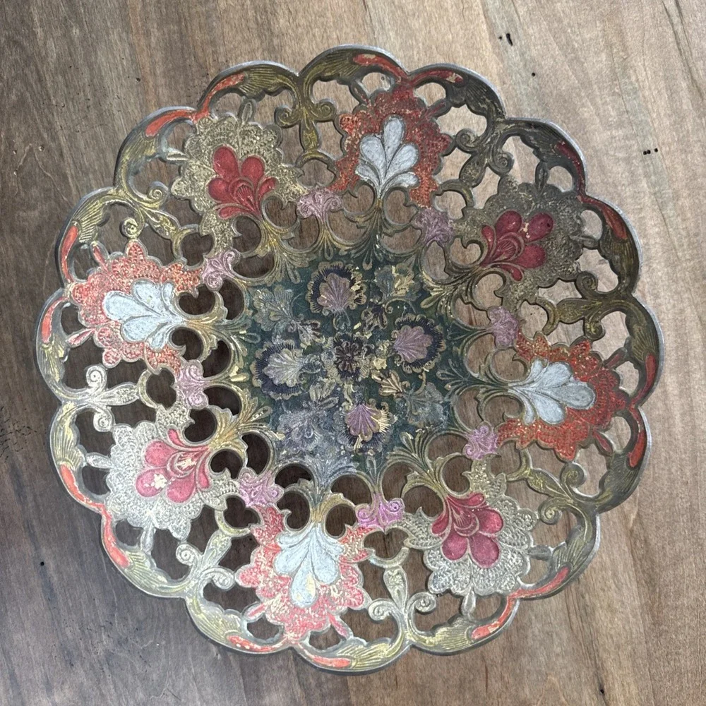 VINTAGE INDIA BRASS ENAMELED OPENWORK BOWL